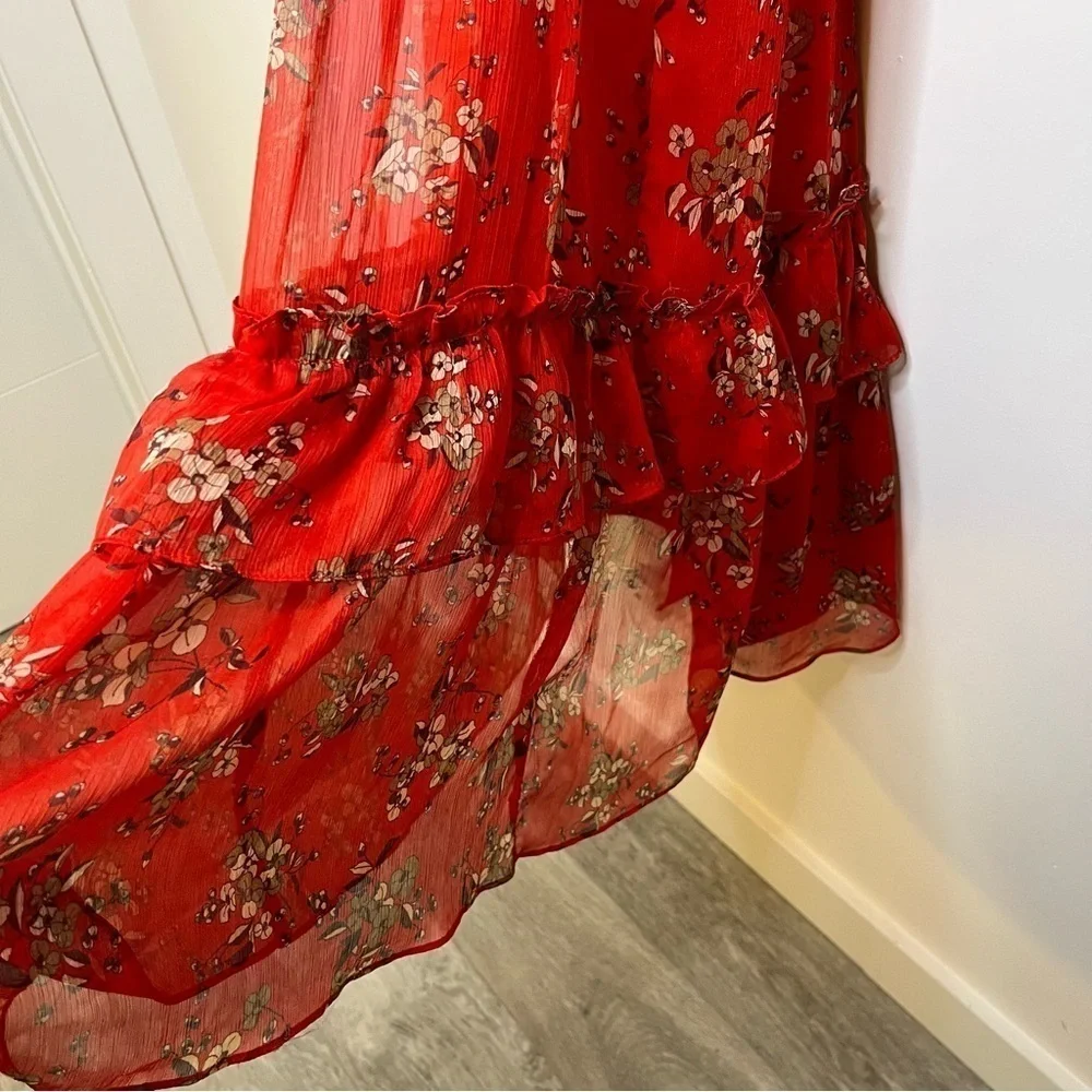 ZARA Red Floral Off The Shoulder Ruffled Tiered Chiffon Midi Dress Size XS - Picture 8 of 17